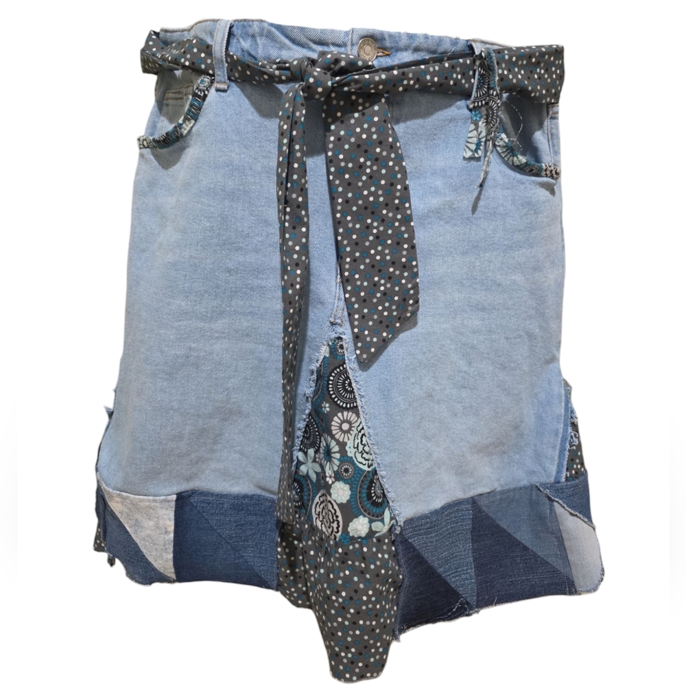 HAND CRAFTED Skirt UPCYCLED Blue Denim Pattchwork Polka Dot Floral  Plus Size 18